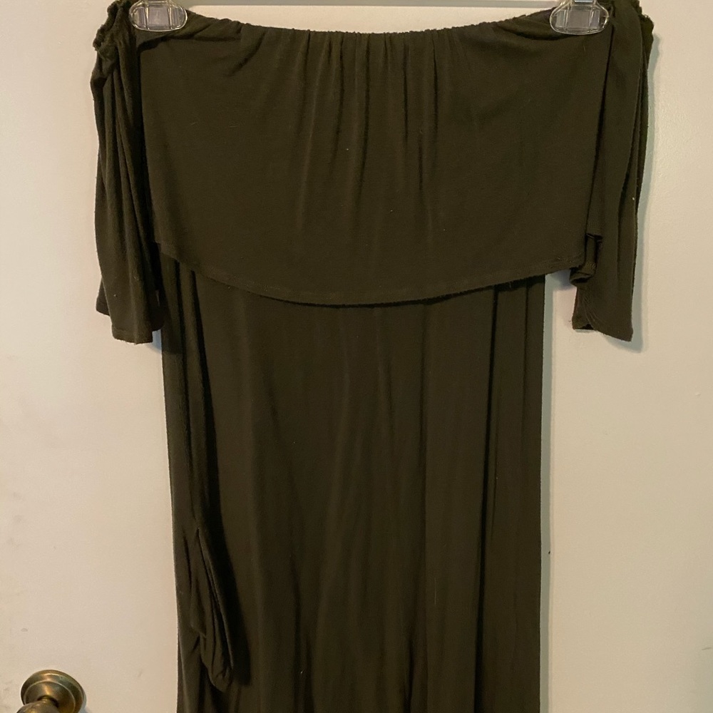 Strapless olive green dress with pockets.